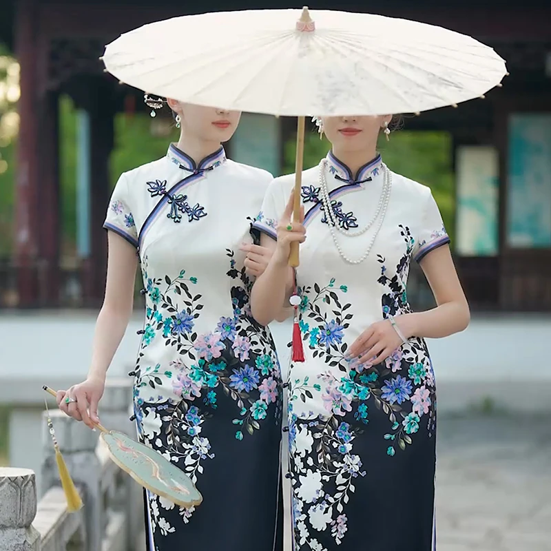 金吴针 53149 夏季高端全开襟桑蚕丝印花手工花扣中国风优雅旗袍