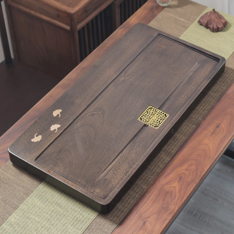 (清心 荷韵 )乌檀木茶盘整块黑实木茶家商用客厅功夫具花梨木托盘