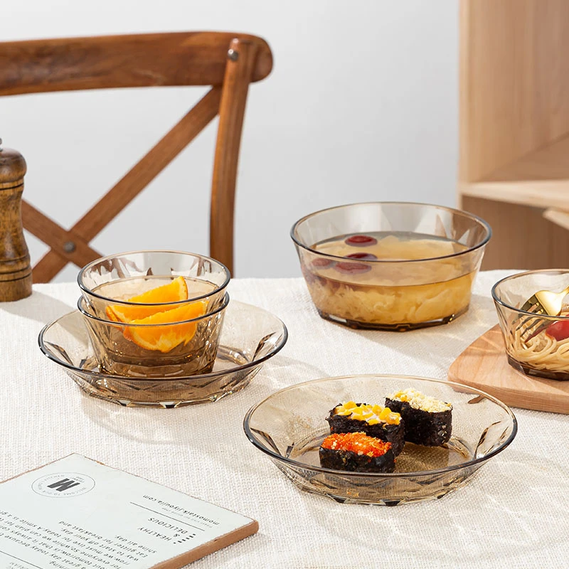 【粉丝专享】山水之间茶色系列玻璃盘子餐具七件套一大碗两盘四小碗