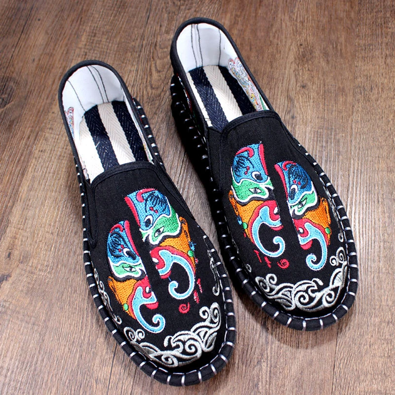 老北京布鞋男夏季西山防臭脸谱刺绣潮鞋手工民族风软底透气豆豆鞋