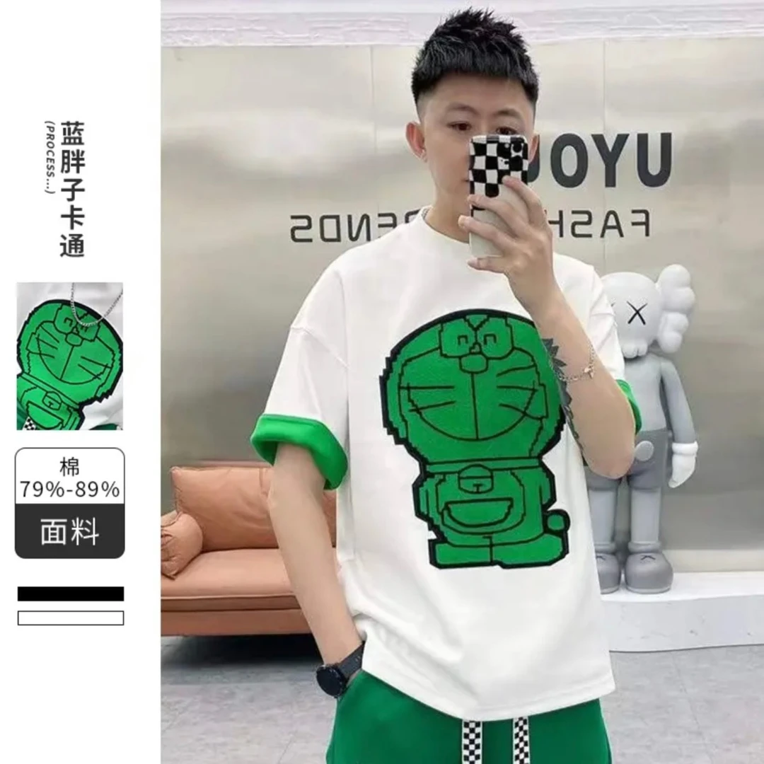 老男孩重工刺绣卡通情侣多啦A绿胖子男士T恤4352