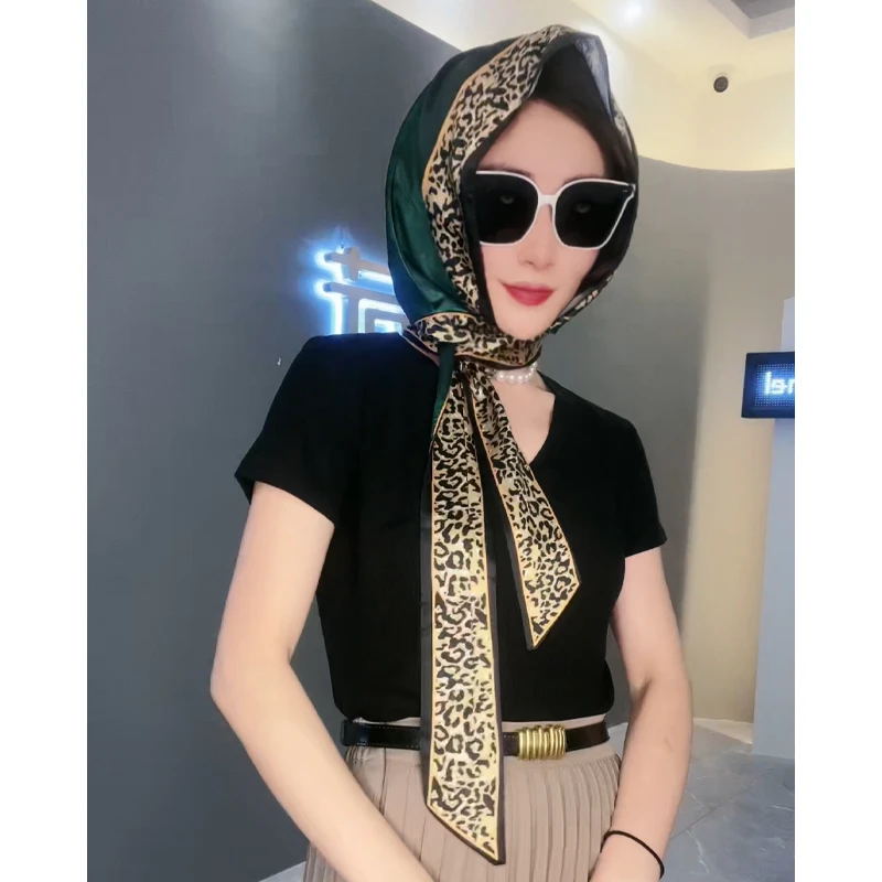 绿豹纹缎面防风防尘防晒头巾围巾