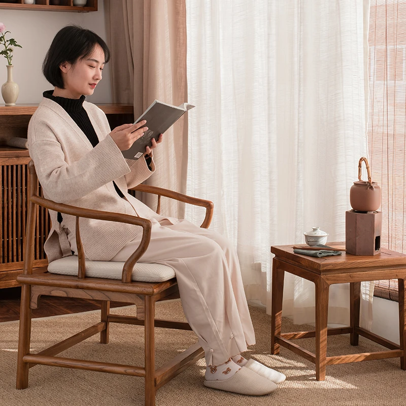 新中式圈椅三件套实木南官帽椅坐垫老榆木明式椅子单人茶椅太师椅