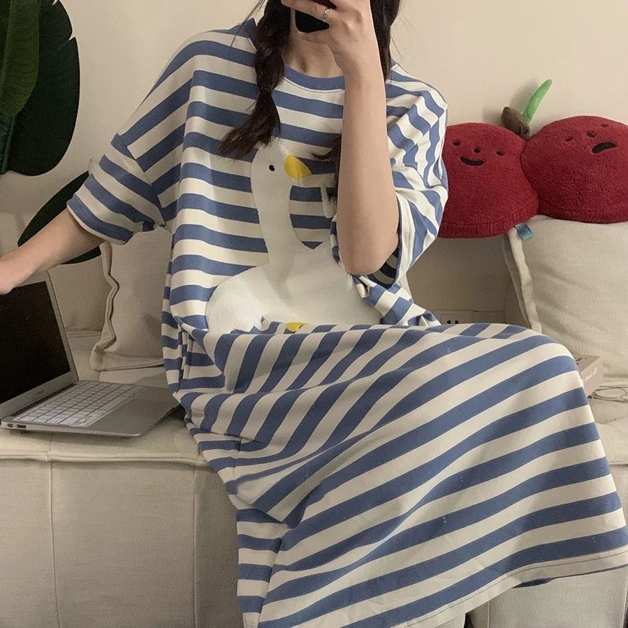 Monglxirl/梦系夏季纯棉短袖睡裙女韩版可外穿大白鹅长款家居服