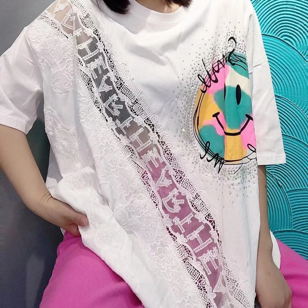 夏款 烫钻笑脸蕾丝T恤重工半袖时尚夏季显瘦设计感百搭圆领设计师