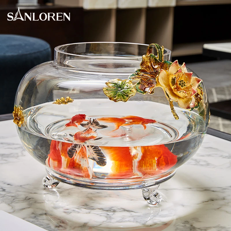 中式珐琅彩玻璃鱼缸摆件家居装饰摆件客厅玄关创意招财饰品