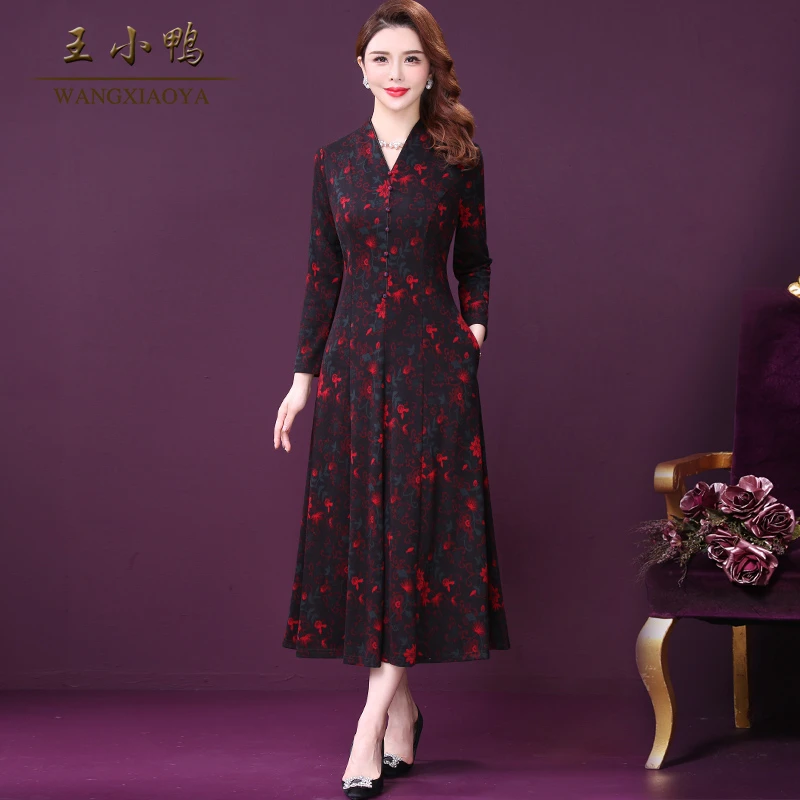 王小鸭W-BM-919027时尚阔太太品牌女装复古印花大码连衣裙典雅