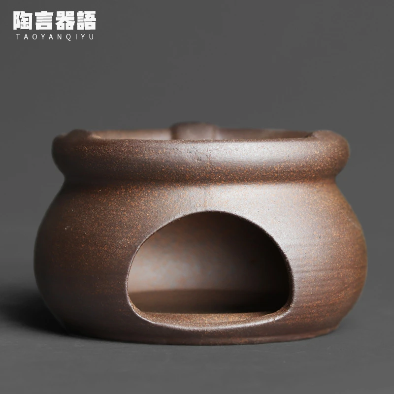 岩矿陶泥材质小号蜡烛温茶炉手工陶艺复古粗陶功夫茶道温茶壶底座