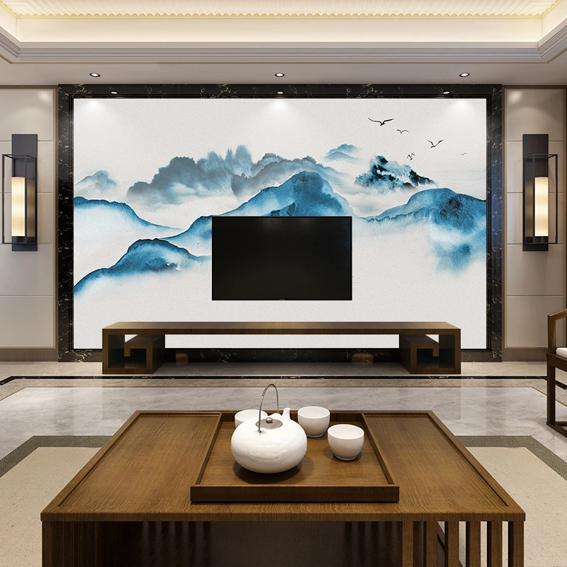 现代新中式壁纸水墨山水画影视墙布装饰壁画8D电视背景墙壁纸客厅