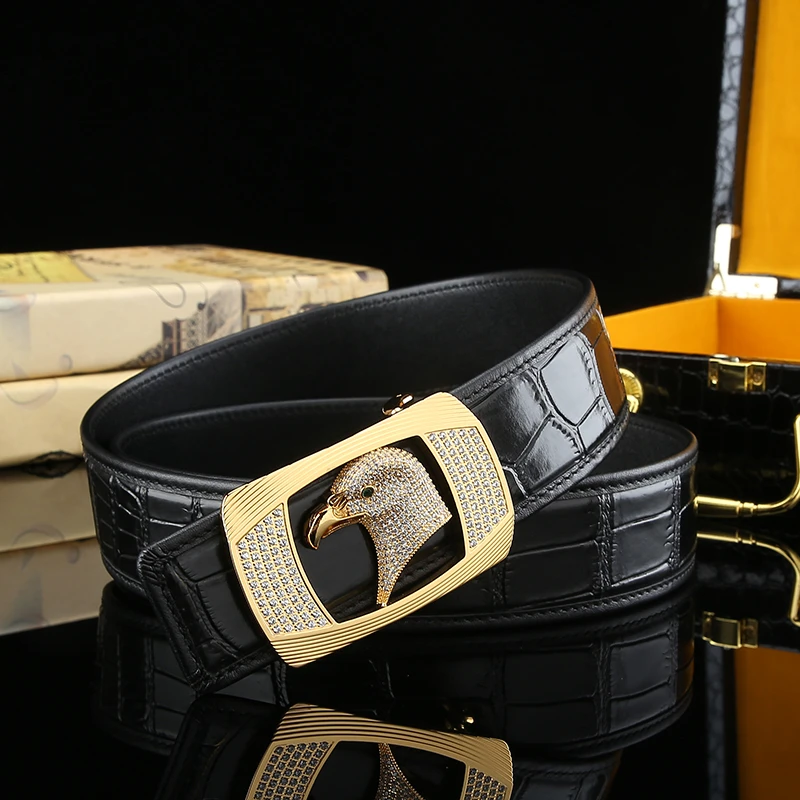 皮带男士真皮史蒂芬百搭裤腰带不锈钢老鹰头镶钻新款平滑扣高档