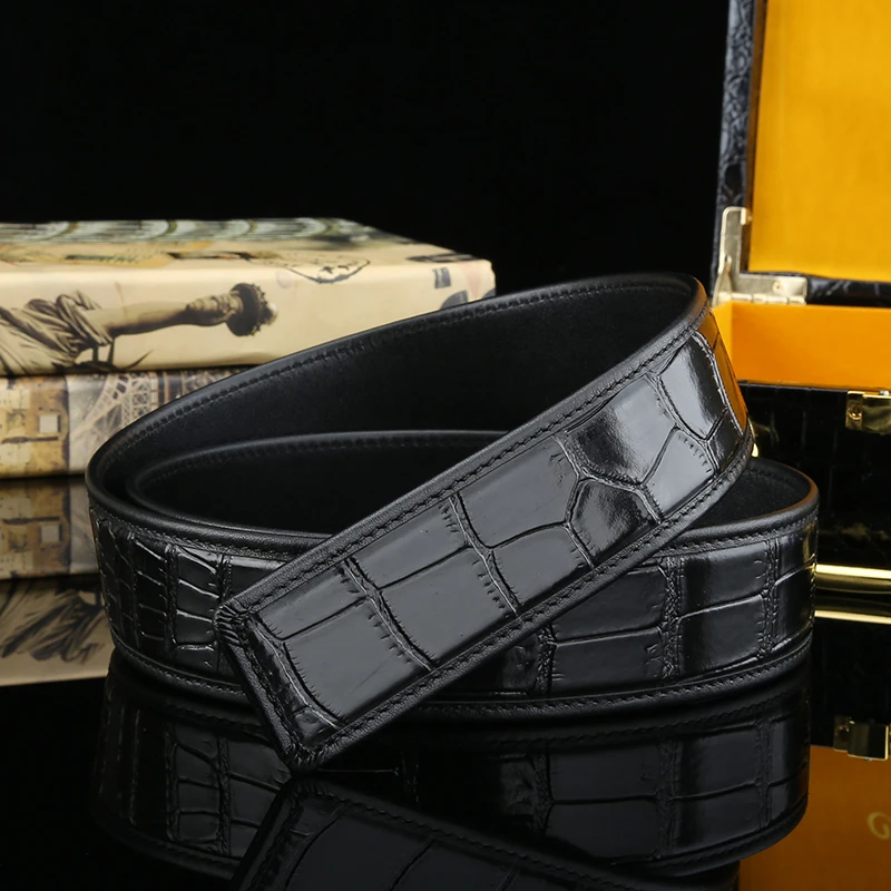 皮带男士进口双面头层牛皮鳄鱼纹针扣平滑扣无头裤腰带身不带头潮