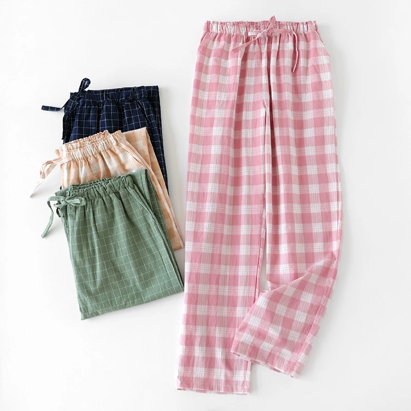 水洗纯棉睡裤女情侣长裤宽松日系格子家居裤夏季薄款舒适透气居家
