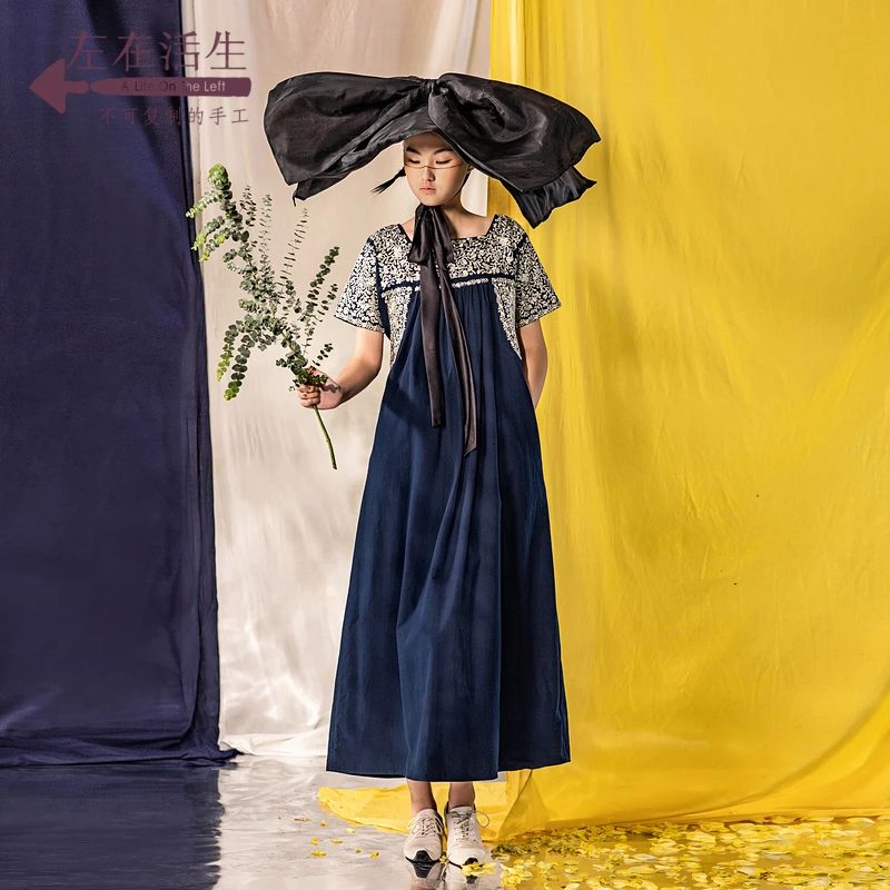 生活在左新品纯棉绣花复古短袖连衣裙女中长款裙子民族风1922174
