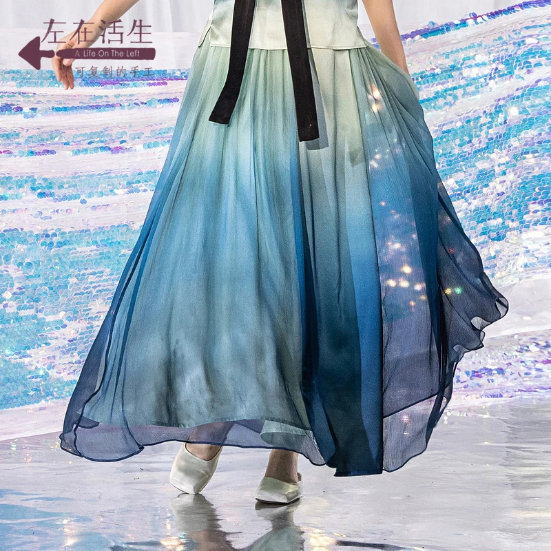 【千里江山图】主夏季新品青绿色复古显瘦长款真丝半身裙1922385