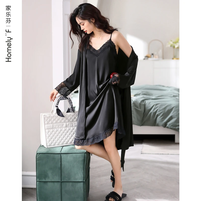 睡衣女睡袍浴袍春秋冰丝春季夏季仿真丝吊带睡裙性感两件套装长款
