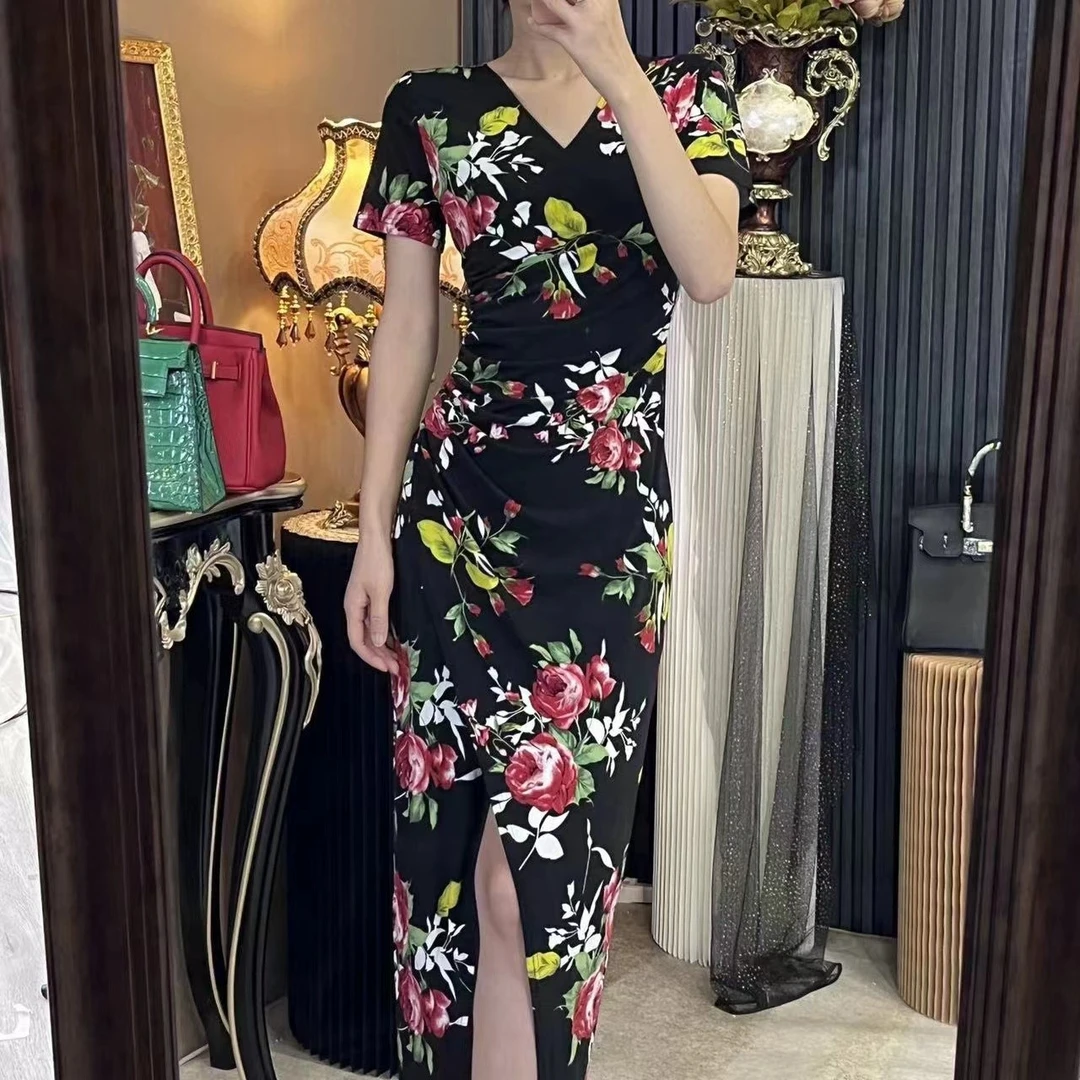 曹掌柜复古风气质修身显身材显瘦性感花色长裙（微瑕疵特价处理）