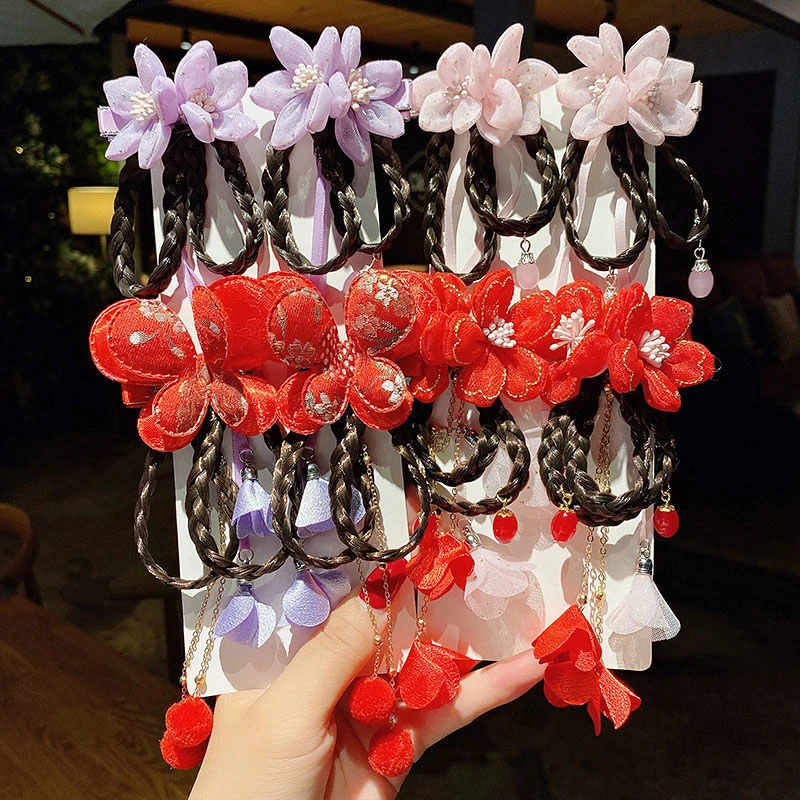 儿童汉服发饰女童古风假发辫子发夹小女孩女童立体花朵对夹头饰