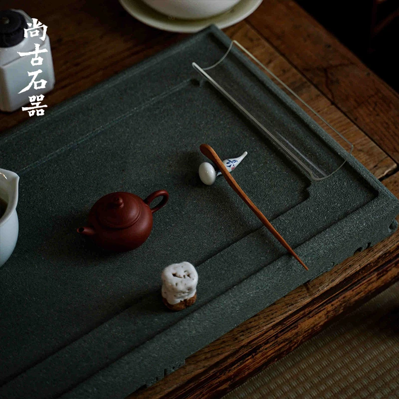 天然青石茶盘干泡台 轻奢现代家用茶海简约 排水石头茶台茶具套装