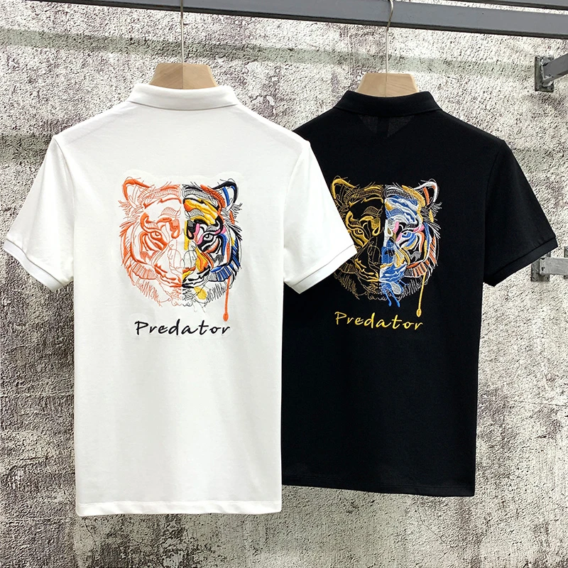 男士短袖Polo衫修身老虎头绣花款个性翻领休闲上衣夏季薄款T恤男