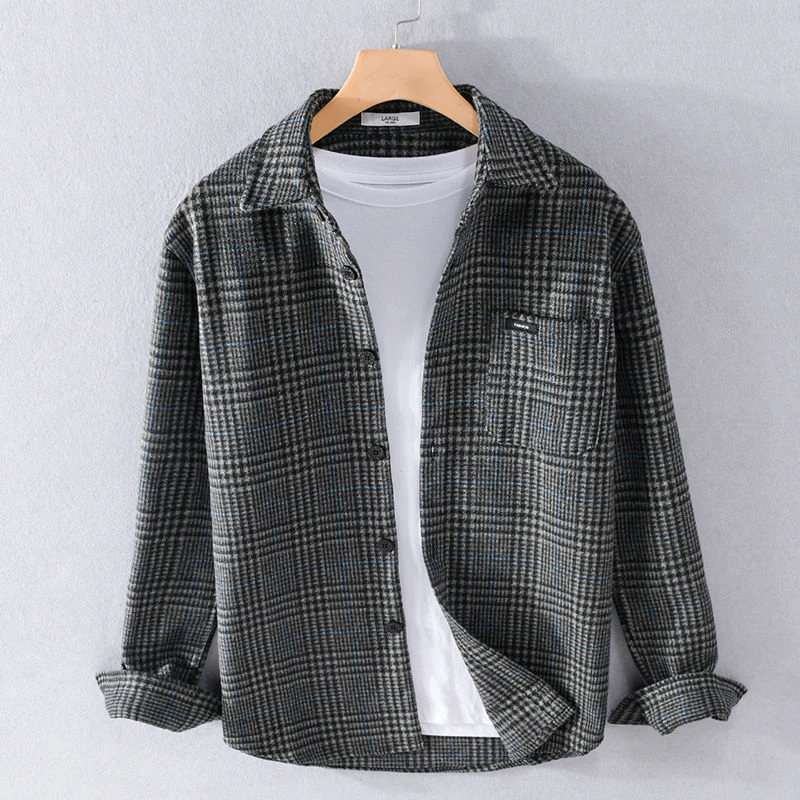 日系复古工装格纹长袖衬衫秋冬男士休闲青年宽松舒适百搭衬衣外套
