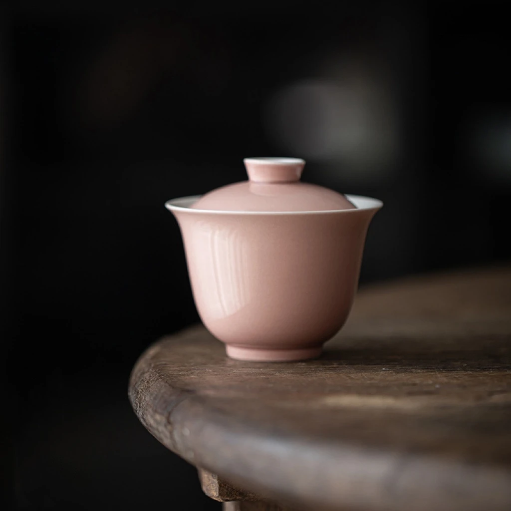 石蕊粉盖碗陶瓷仿古泡茶碗女士粉红色温柔茶碗防烫家用功夫茶具