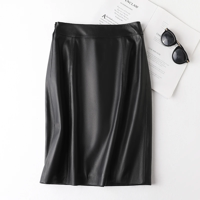 2216羊皮皮裙高腰显瘦中长款后开叉气质时尚包臀裙半身裙一步裙