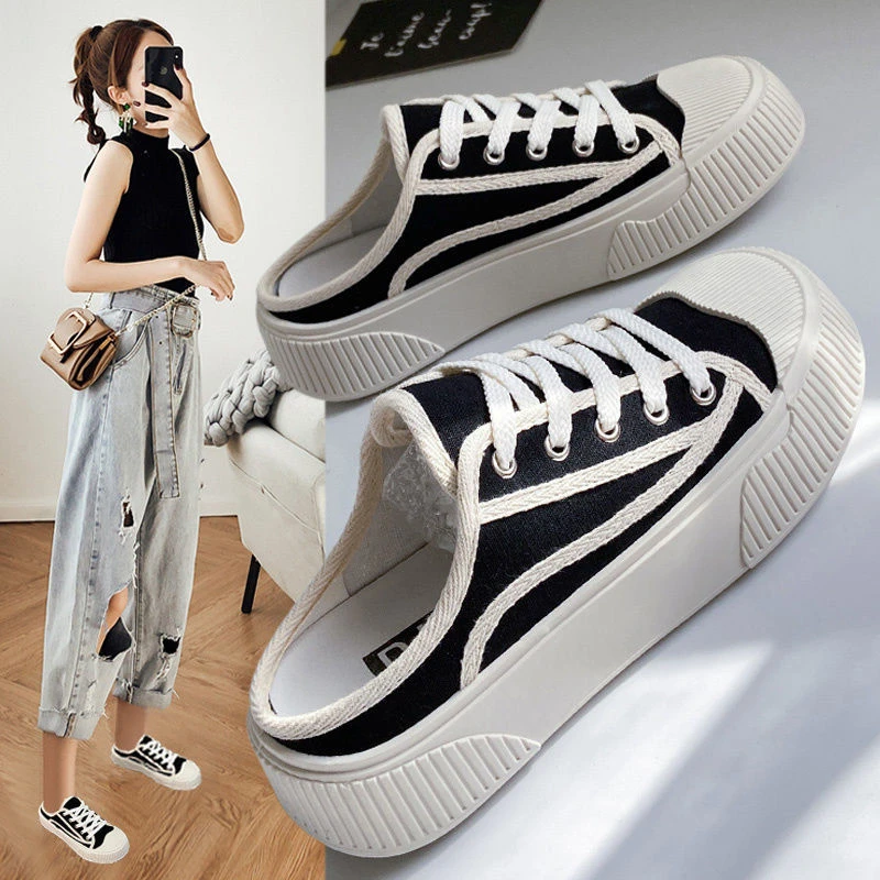 新款外穿半托鞋女2025厚底包头拖鞋休闲百搭透气一脚蹬帆布饼干鞋