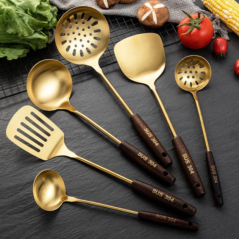 304不锈钢锅铲金色汤勺漏勺火锅勺木柄防烫炒菜铲子家用厨具套装