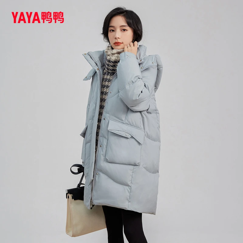 YAYA/鸭鸭YE2B600031A新款羽绒服女中长款连帽休闲纯色宽松保暖