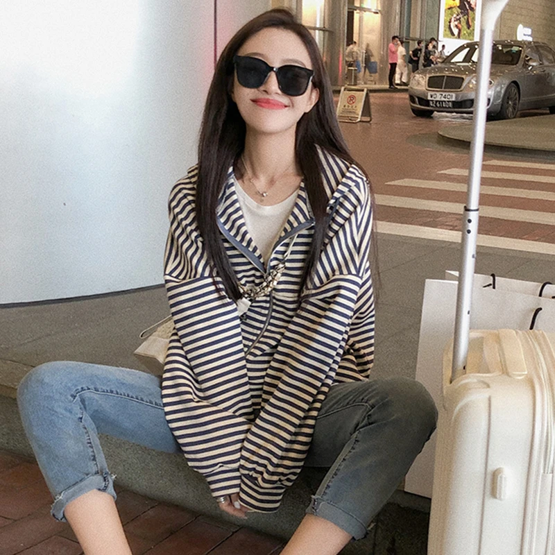 【现货48飞】510 短款运动条纹卫衣开衫外套女春秋季韩版宽松薄款