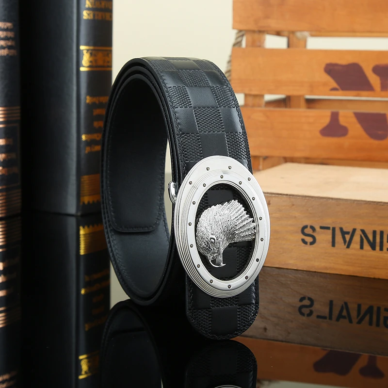 3.8新款品牌皮带男真皮平滑扣裤带年轻人潮正品棋盘格腰带高档