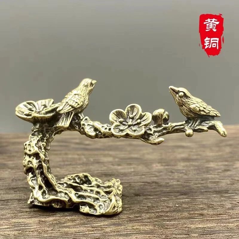 【士鸿】黄铜手工实心喜上眉梢小摆件复古客厅摆件喜鹊笔搁笔架摆件