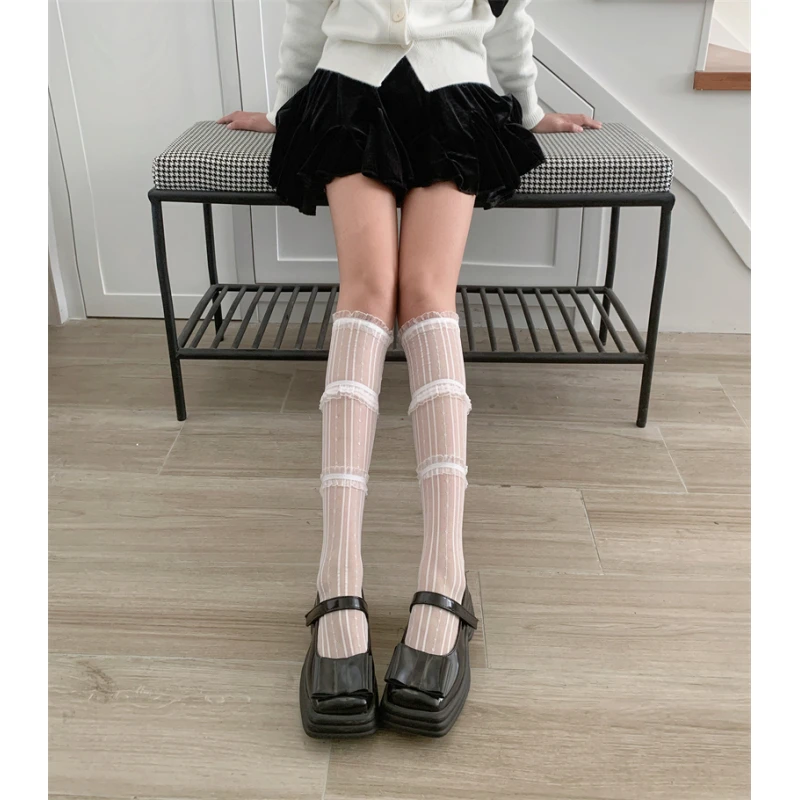 Lolita白色少女纯欲风小腿袜重工蕾丝花边亮丝长筒袜jk黑色