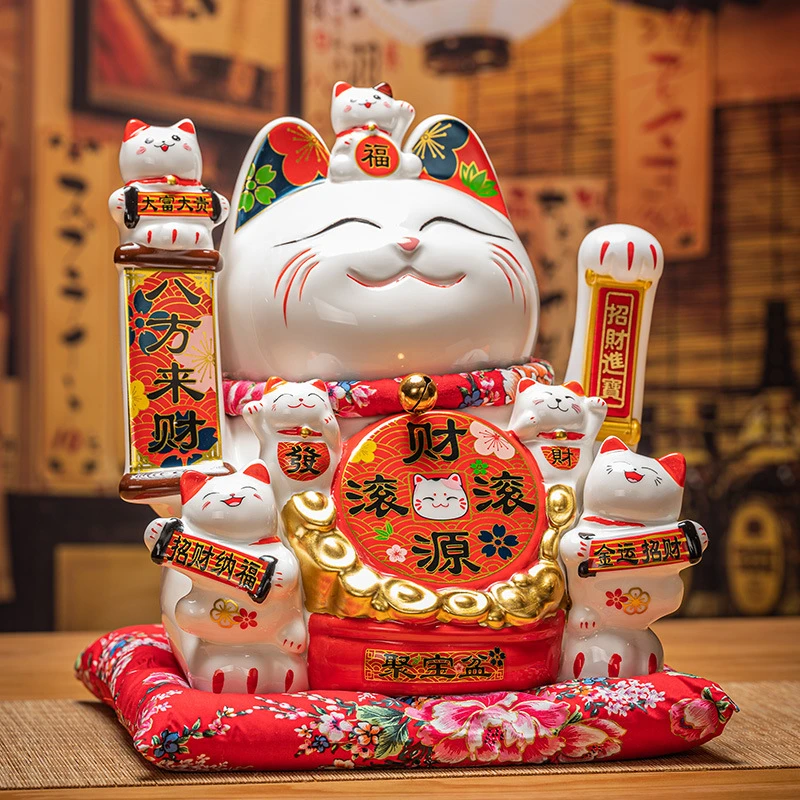 招财纳宝陶瓷摇手招财猫摆件开业大号店铺收银台家居桌面自动招手