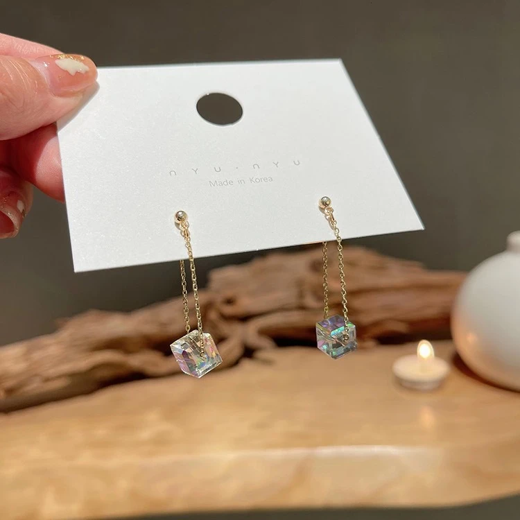 铜合金合成锆石耳饰 炫彩方糖耳环前后戴立方体长款耳环女百搭-85