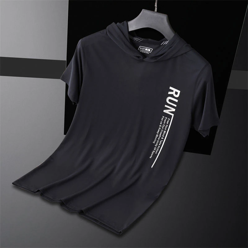 运动休闲连帽短袖T恤男夏季薄款速干透气弹力修身跑步训练健身衣