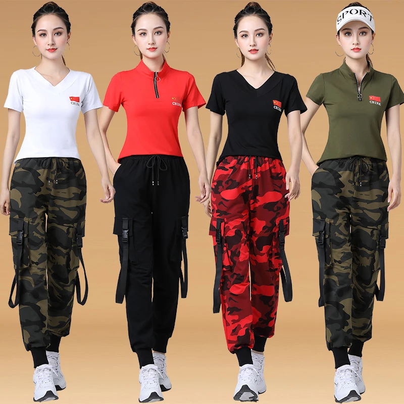 杨丽萍广场舞新款服装运动套装女迷彩短袖飘带工装裤水兵舞演出服