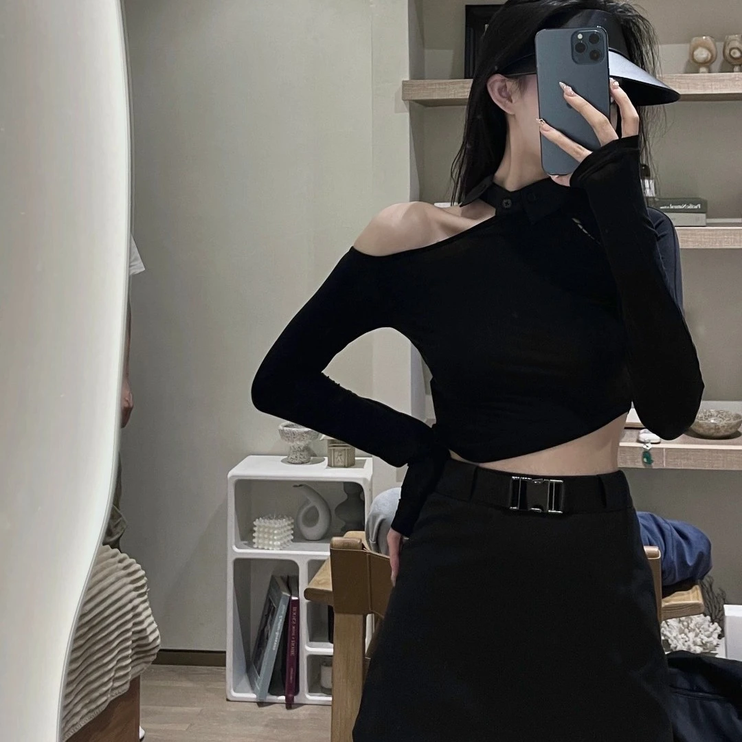 【莲的百万】 黑色不规则设计薄款 凉感T恤QC097 L