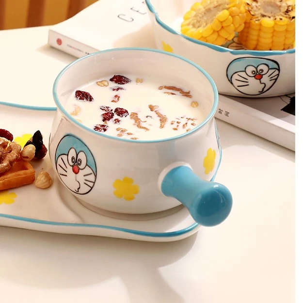 可爱蓝胖子陶瓷小奶碗手绘日式餐杯奶杯餐碗早餐杯网红家用餐具