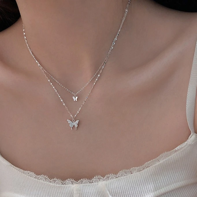 银千惠 坠链均925银合成锆石 双层梦蝶纯银小众简约百搭设计感