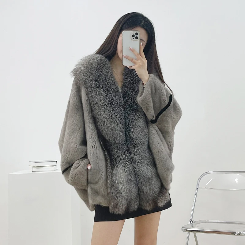 宽松蝙蝠袖狐狸毛领貂皮大衣女中长款进口整貂天鹅绒水貂皮草外套