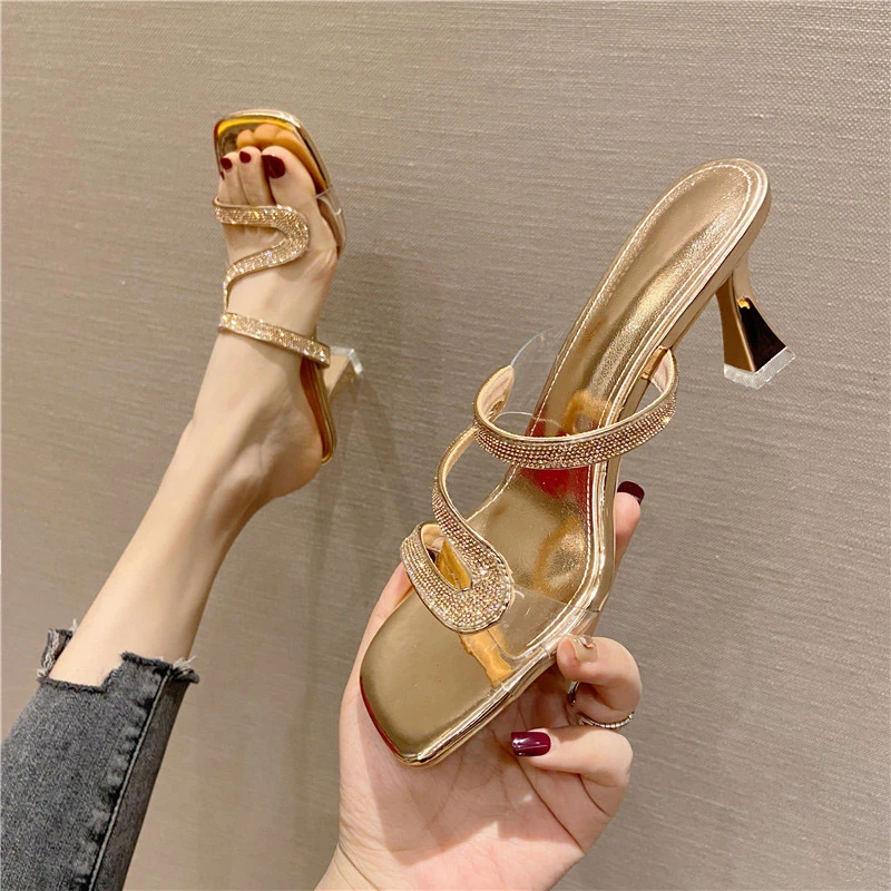 拖鞋女夏外穿高跟鞋2025夏季新款水钻凉拖鞋时尚百搭法式粗跟半拖