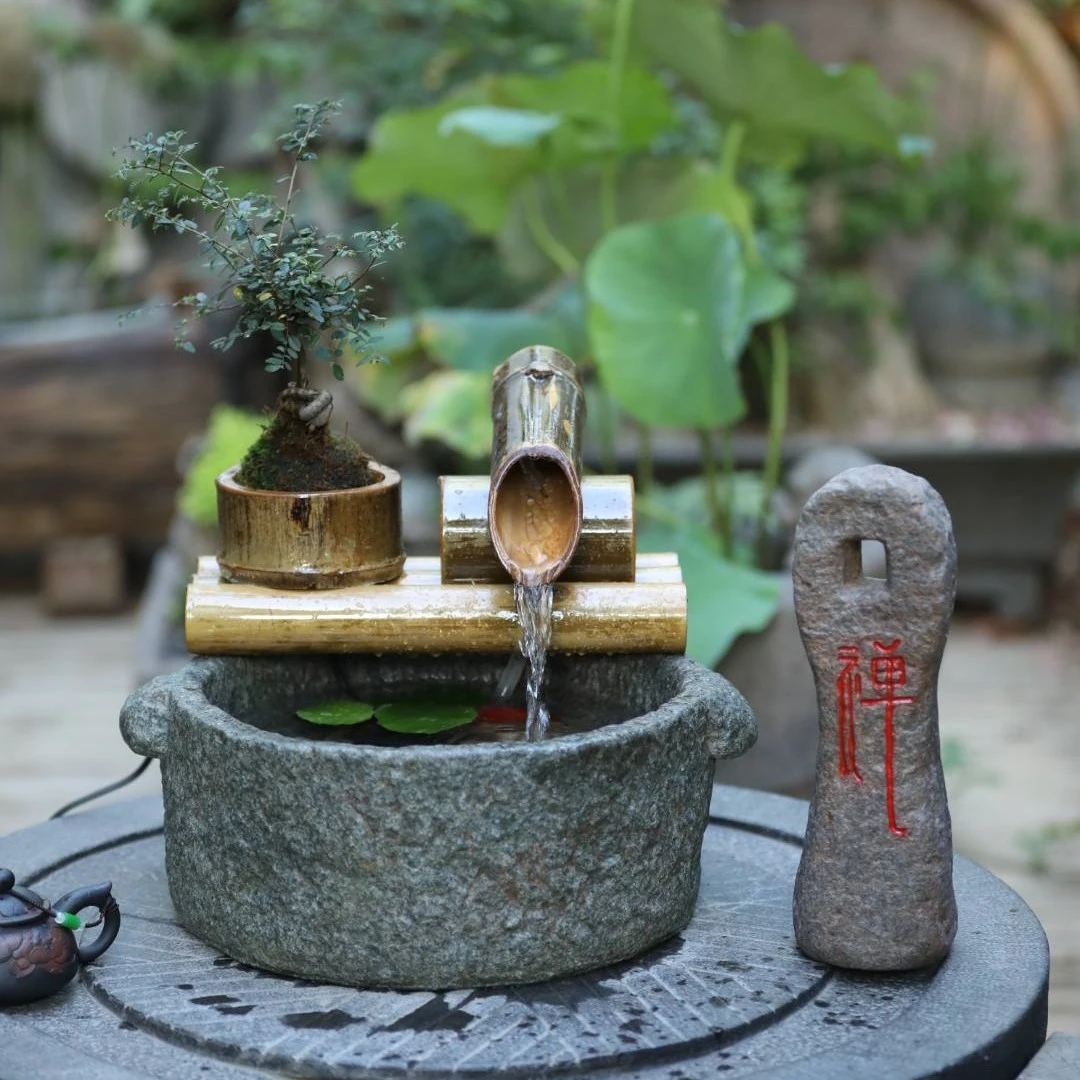 邑园竹韵流水摆件喷泉造景鱼池茶室桌面循环水景观客厅装饰品