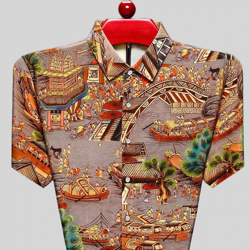 中国风夏男大码印花冰丝衬衫中年爸爸装短袖衬衣半袖宽松男装时尚