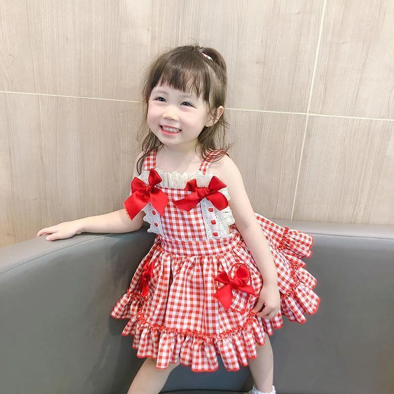 兮绯推荐20222时尚女童公主裙无袖背心格子裙百搭儿童红色吊带裙