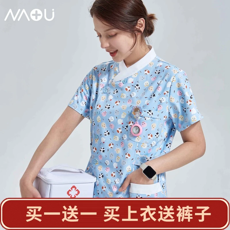 南欧鱼印花护士服女长袖工作服医护短袖分体套装防静电美容院牙科