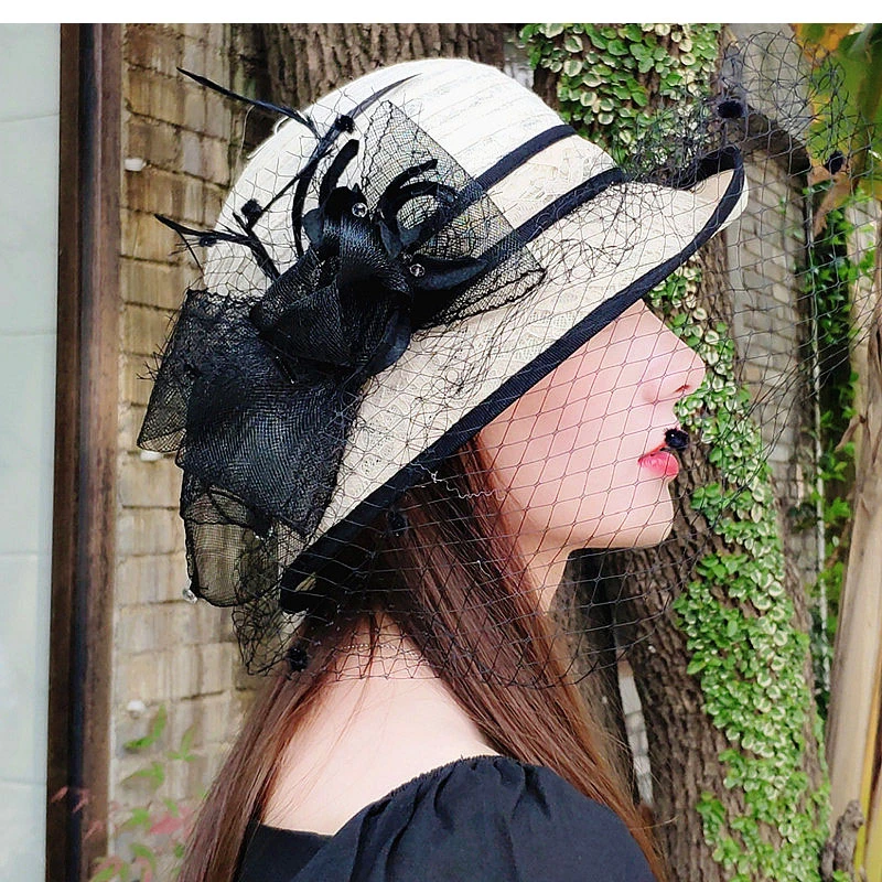 帽子女夏防晒半卷边优雅小礼帽遮脸网纱遮阳帽复古蕾丝花朵渔夫帽