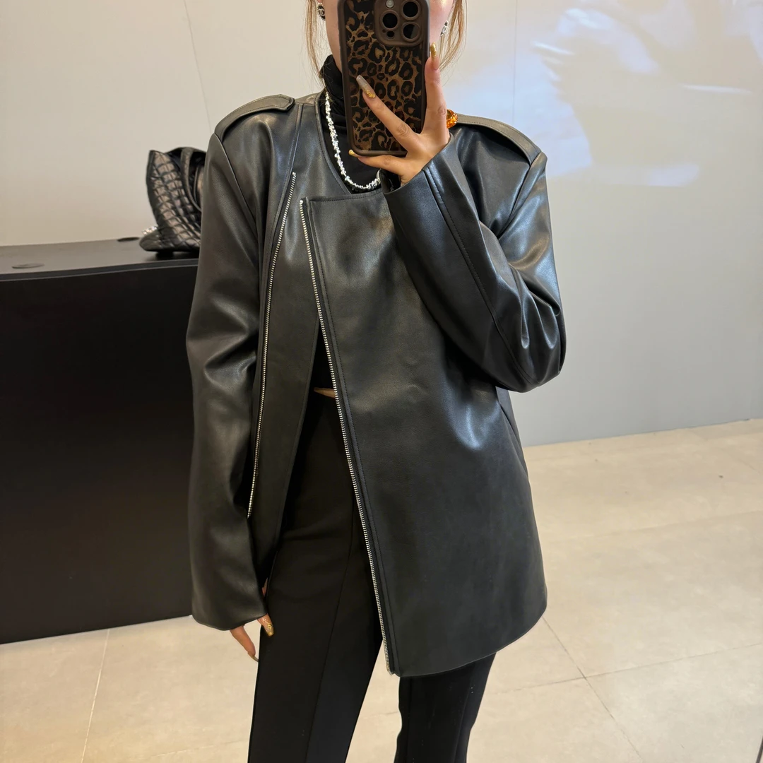 东大门韩版设计感无领气质时尚休闲侧拉链皮衣外套