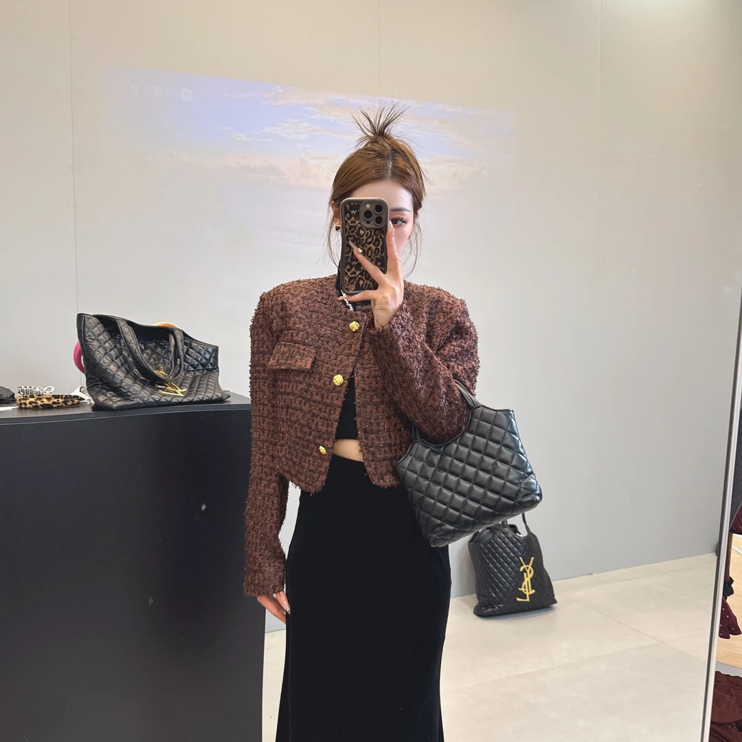 韩版东大门圆领亮丝气质时尚百搭短款小香风外套