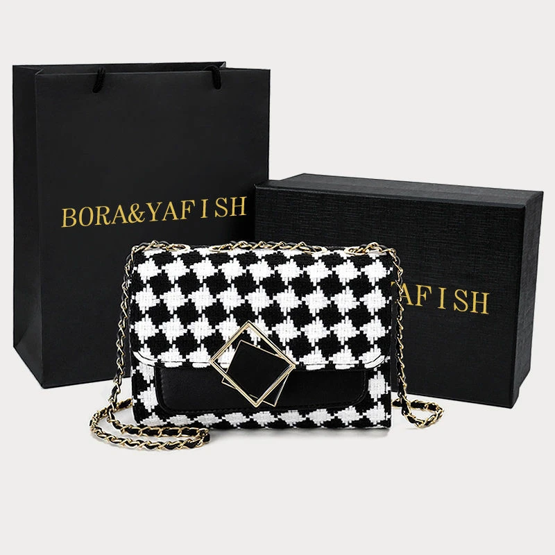 小众品牌包包女2025春夏新款百搭ins斜挎小金球格子链条格小方包